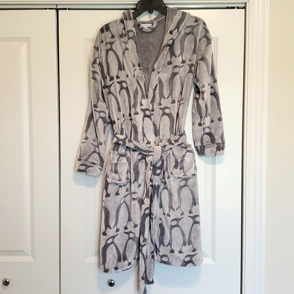 Vera Bradley Fleece Hooded Robe Sz Small Medium Gray Penguin Print